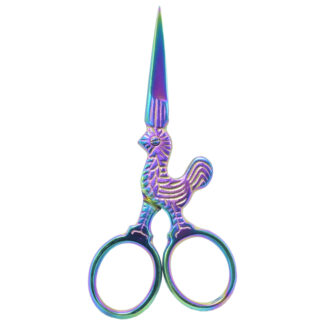 Rooster-shaped embroidery scissors with elegant Rainbow plating.