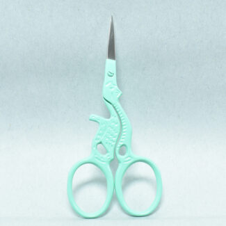 Aqua Green Cat Style Embroidery Scissors, 3.5 inches, with powder-coated handle and mirror finish blade, made from forged stainless steel in Pakistan.