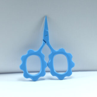 Sunflower-shaped embroidery scissors in light blue powder coating, 2.5'' forged stainless steel, designed for precise and decorative cutting.