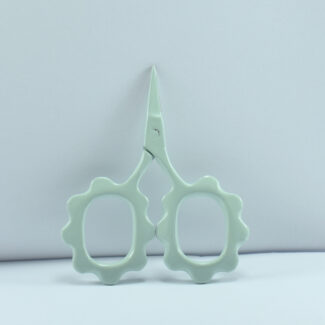 Sunflower-shaped embroidery scissors in aqua green powder coating, 2.5'' forged stainless steel, designed for precise thread cutting and detailed needlework.