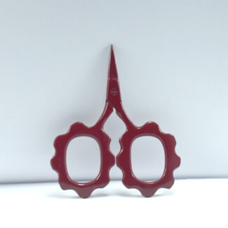 Sunflower-shaped embroidery scissors in burgundy powder coating, 2.5'' forged stainless steel, designed for detailed stitching and precise thread cutting.