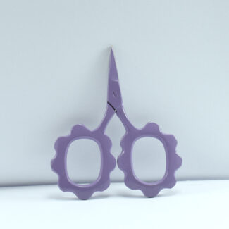 Lavender sunflower-shaped embroidery scissors, 2.5" size, forged stainless steel with powder-coated handle, perfect for precision thread cutting and sewing.