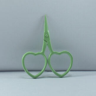 2.5-inch mint-colored heart-shaped embroidery scissors made of stainless steel, designed for fine thread trimming and delicate handwork.