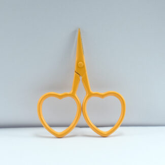2.5-inch yellow heart-shaped embroidery scissors made from forged stainless steel, ideal for thread cutting and fine embroidery work.