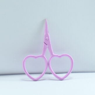 2.5-inch lilac heart-shaped embroidery scissors with stainless steel blades, designed for fine needlework and thread cutting.