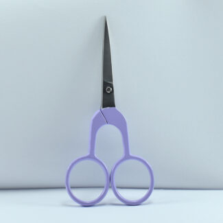 4-inch Rainbow Style embroidery scissors with electric lavender half-color powder-coated handle and stainless steel blade, ideal for thread cutting and needlework.