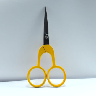 4-inch Rainbow Style embroidery scissors with yellow half-color powder-coated handle and stainless steel blades, ideal for thread cutting and detailed stitching work.