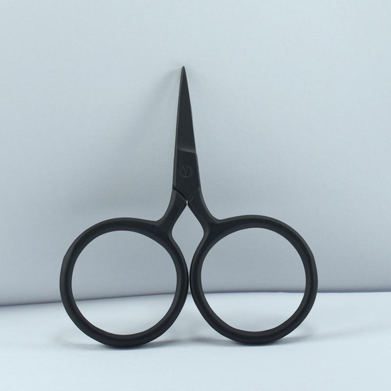 ES-1901 Black 2.5-inch Big Ring Tiny Scissors in full black, forged stainless steel with oversized finger loops, ideal for embroidery, thread cutting, and fine detail work.