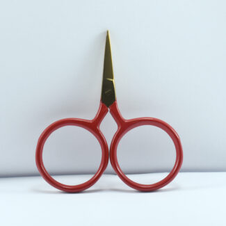 2.5-inch Big Ring Tiny Scissors with gold blade and red handle, forged stainless steel, large finger rings for comfort and precision in embroidery and crafts.