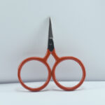 2.5-inch Big Ring Tiny Scissors with half red handle, stainless steel blades, oversized rings for embroidery, sewing, and thread cutting.