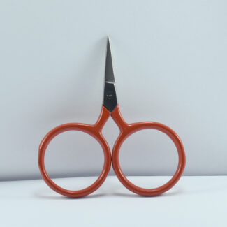 2.5-inch Big Ring Tiny Scissors with half red handle, stainless steel blades, oversized rings for embroidery, sewing, and thread cutting.