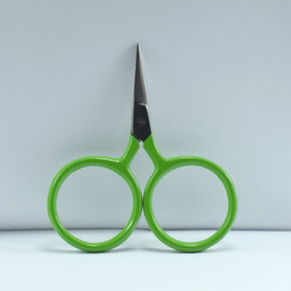 2.5-inch Big Ring Tiny Scissors in green color with large finger rings and stainless steel blades for embroidery, sewing, and thread cutting.