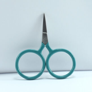 2.5-inch Big Ring Tiny Scissors with teal green handle, forged stainless steel blades, and large finger rings for embroidery, sewing, and fine cutting.