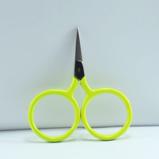 2.5-inch Big Ring Tiny Scissors with lemon yellow handle and large finger rings. Forged stainless steel blades for embroidery, sewing, and thread cutting.