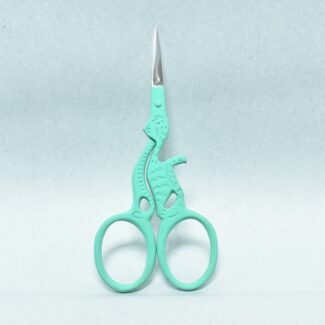 Mint Green Cat Style Embroidery Scissors, 3.5 inches, with powder-coated handle and mirror finish blade, made from forged stainless steel in Pakistan.